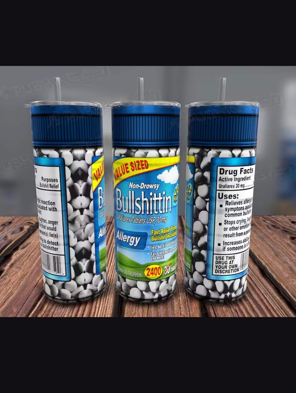 Sublimation Tumbler Blue and White Novelty Pill Bottle - 'Bullshittin'
